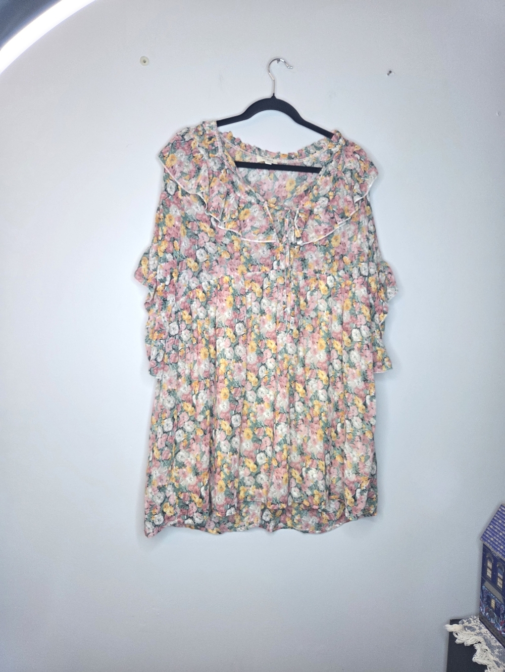 Umgee Pastel Floral Ruffle-Trim Dress in Pink, Yellow & Cream, size L